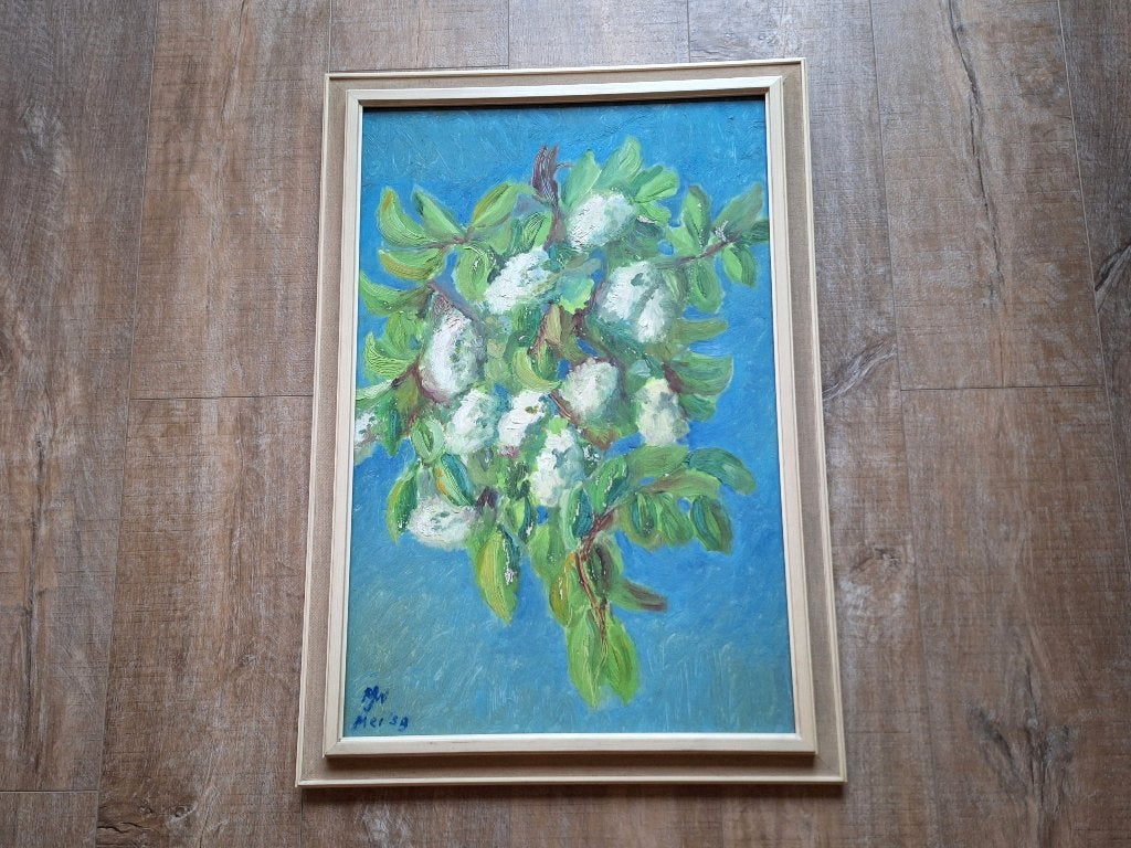 schilderij witte seringen op turquoise, Doek, Bijzondere lijst, Impressionistisch, Olieverf