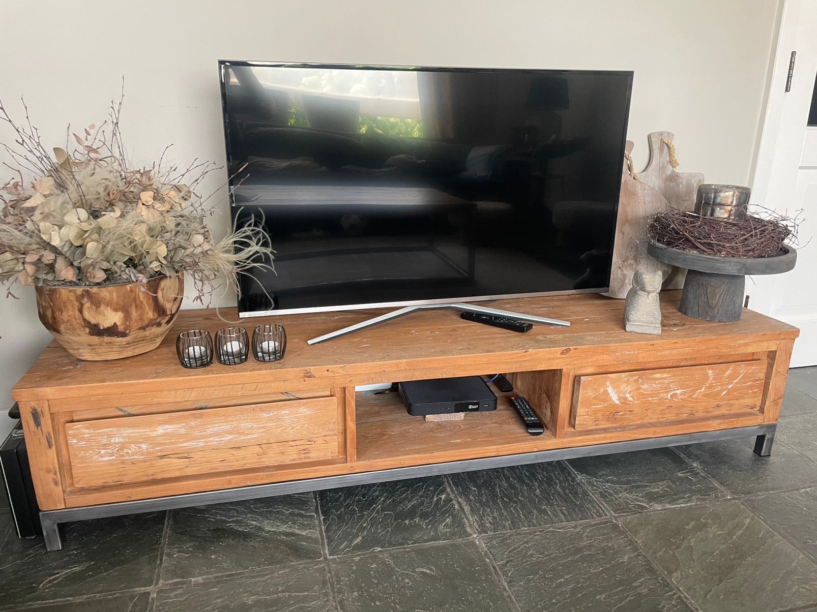 TV-meubel van gerecycled teakhout – White Wash 180cm, Ophalen, 150 tot 200 cm, Teakhout, Zo goed als nieuw
