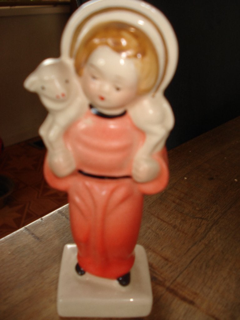 Vintage beeldje: Jongen met lam - Religieus figuur, Ophalen of Verzenden, Zo goed als nieuw, Religie
