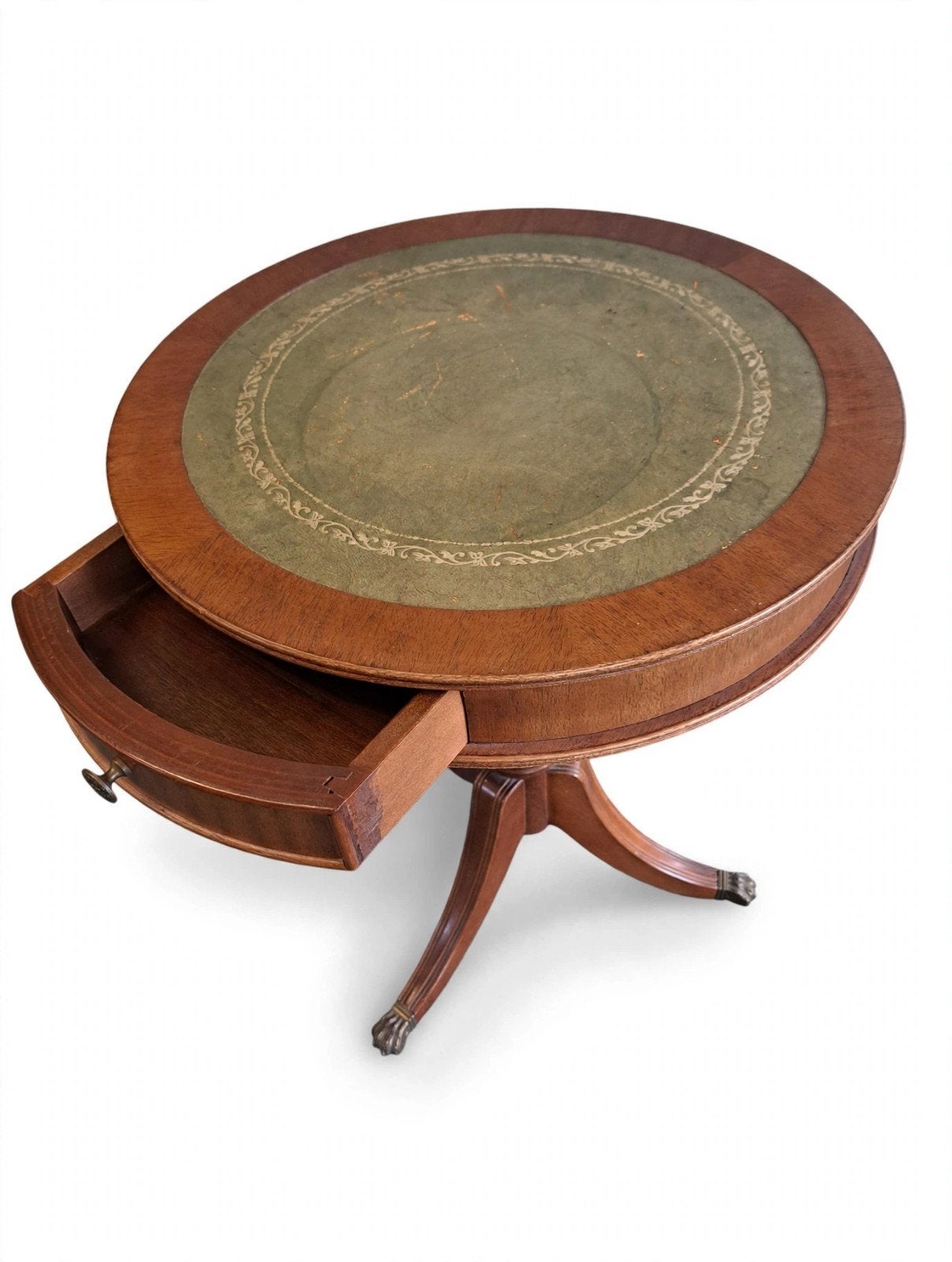 Antiek Engels Drum Table / Bijzettafel, Minder dan 55 cm, Gebruikt, Regency / Chippendale revival stijl, Rond