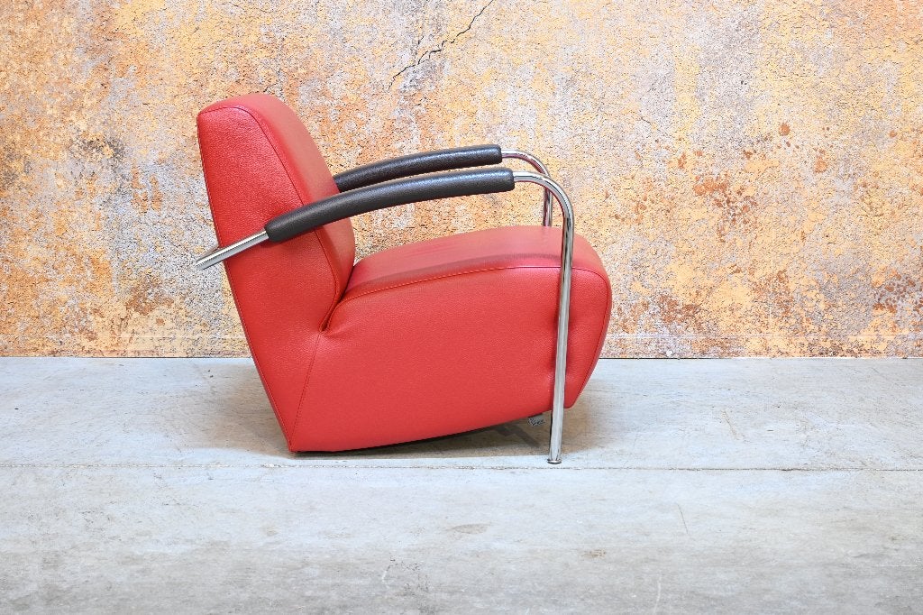ZGANieuw! rode leren Leolux Scylla design fauteuil, Leolux, Leolux, 75 tot 100 cm, Ophalen of Verzenden