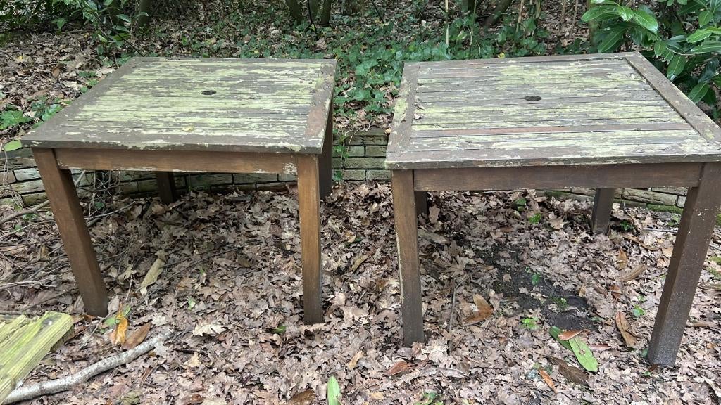 2 Tuintafels van 90 x 90 en 2 stoeltjes, Tuin en Terras, Ophalen of Verzenden, Gebruikt, Vierkant, Hout