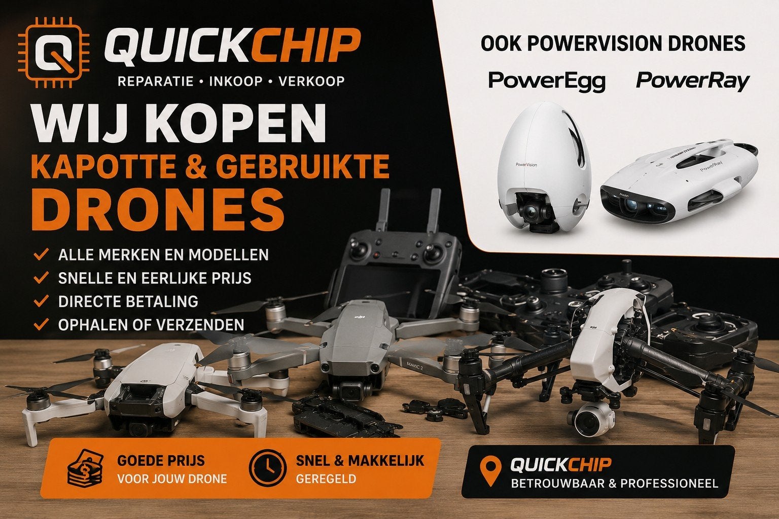 Wij kopen kapotte & gebruikte drones ook powervision/ray/egg, 250 tot 900 gram, Gebruikt, 100 tot 1000 meter, Overige merken