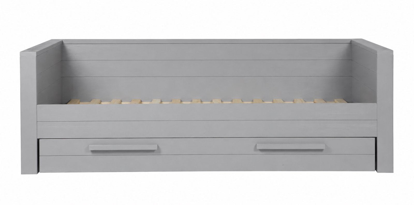 Complete WOOOD Dennis bedbank incl. bedlade - betongrijs, Ophalen, 90 cm, Tweepersoons, Zo goed als nieuw