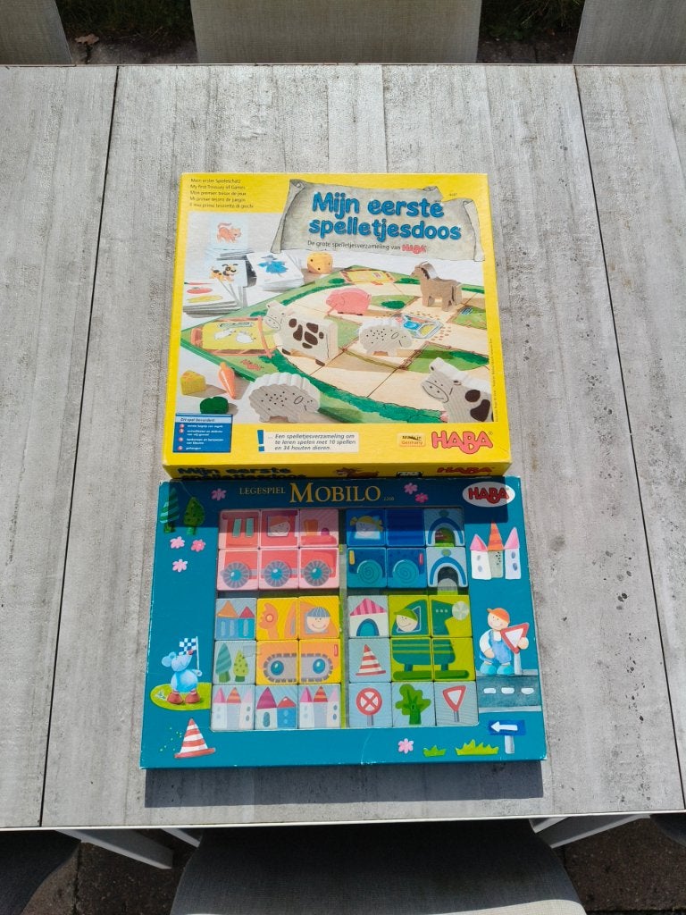 Haba 4687 Mijn eerste spelletjesdoos + Haba 2208 Mobilo, Vijf spelers of meer, Ophalen of Verzenden, Gebruikt, HABA