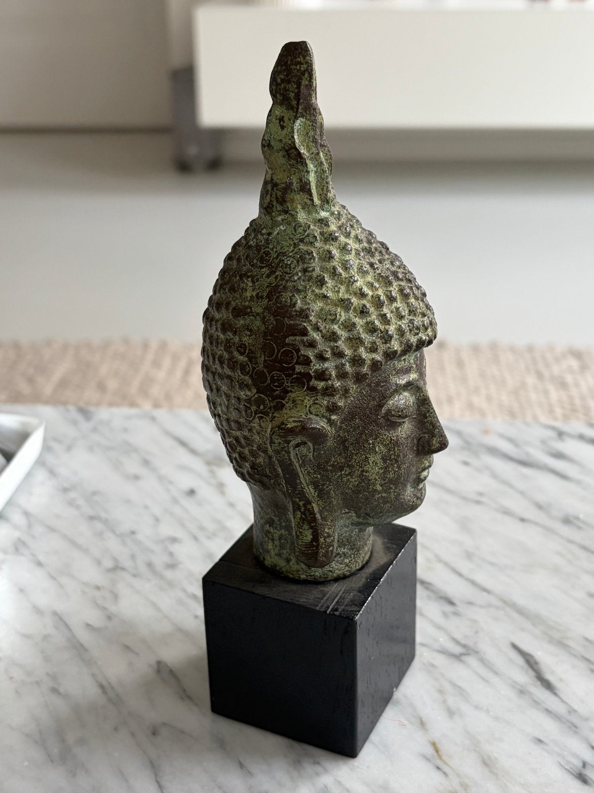 Boeddha hoofd op sokkel - Groen/Bronskleurig, Met sokkel, Ophalen of Verzenden, Groen, Metaal