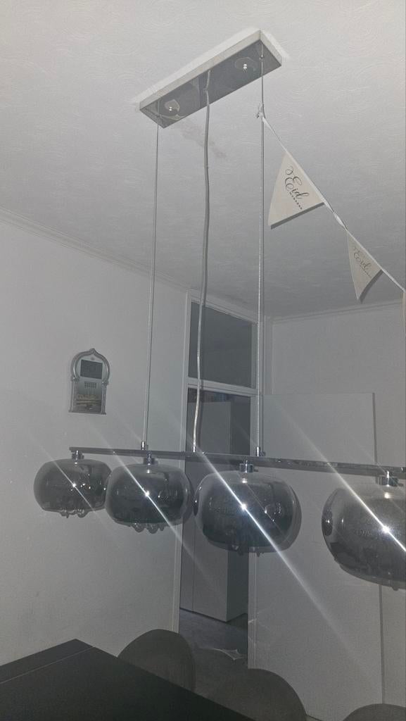 Moderne hanglamp met 4 glazen bollen en kristallen, Zo goed als nieuw, Glas, 75 cm of meer, Modern, Kristal