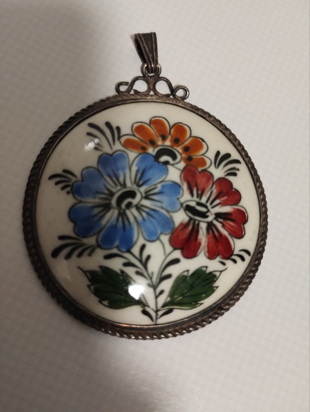 Antiek zilveren met porselein pendant hanger, Sieraden, Tassen en Uiterlijk, Antieke sieraden, Ophalen of Verzenden, Zilver, Hanger