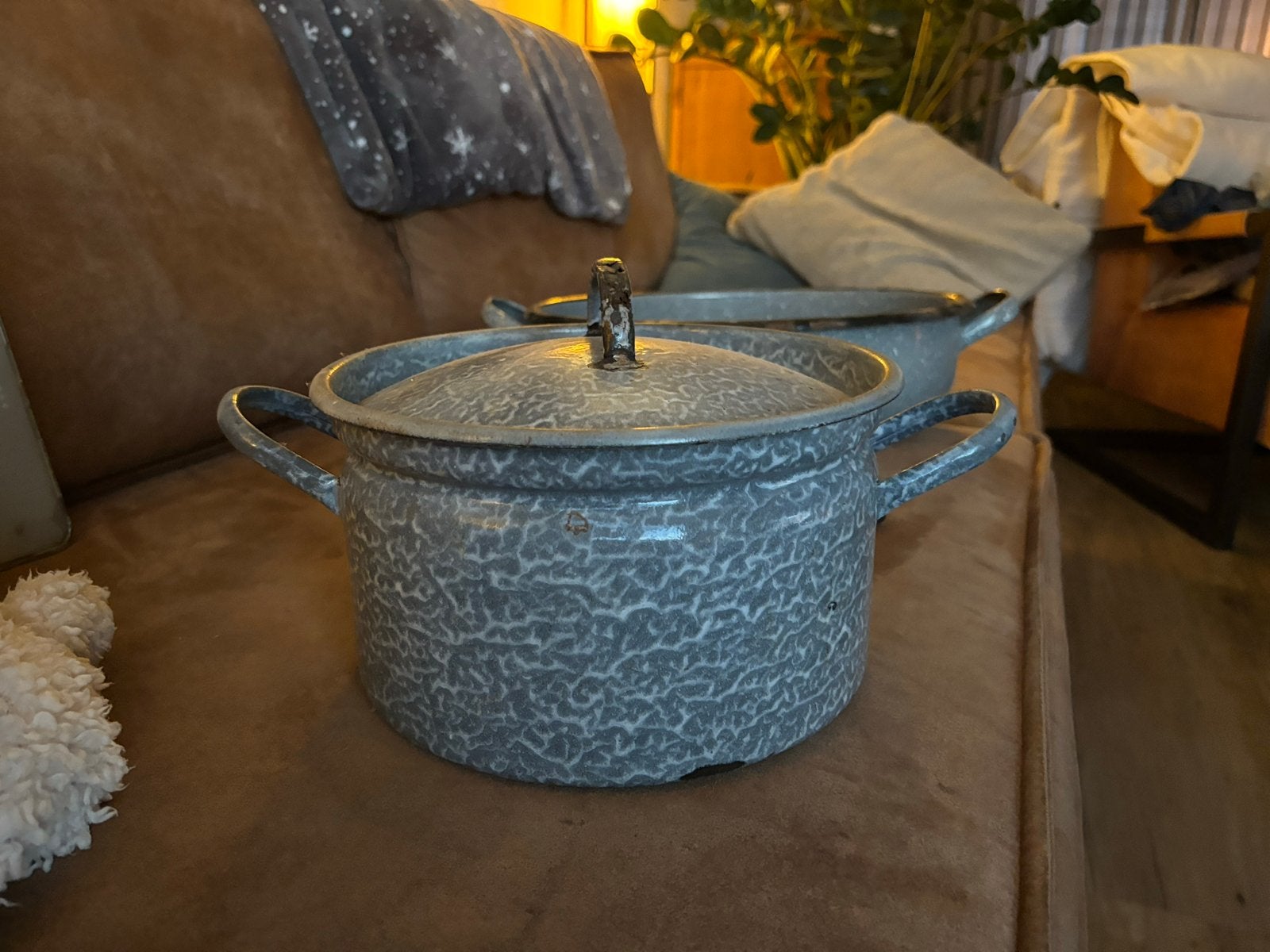 Vintage geëmailleerde pan met deksel - grijs gespikkeld, Ophalen of Verzenden