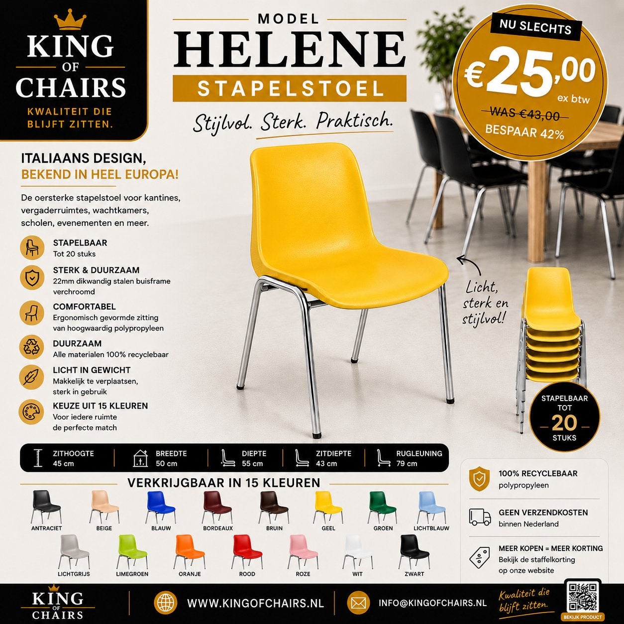 Stapelstoel Helene geel nieuw kantinestoel kuipstoel, Everardo, Nieuw, Info@everardo.nl, Ophalen of Verzenden