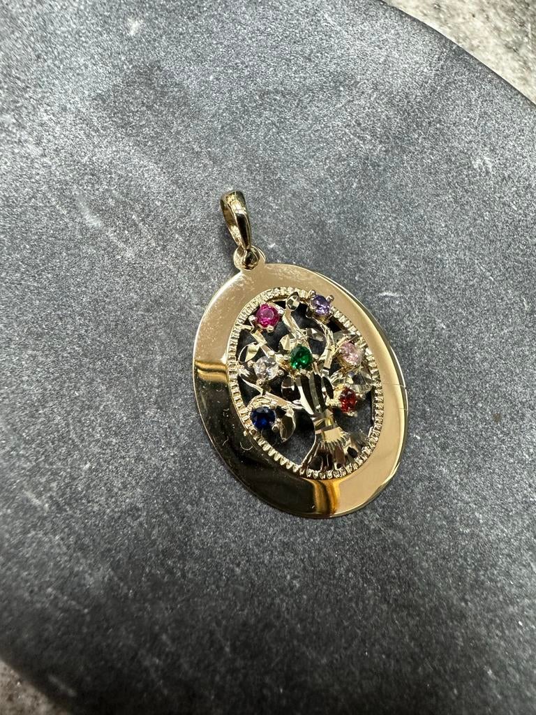 14k Gouden Familie Boom Hanger met Edelstenen, Nieuw, Ophalen of Verzenden, Goud, Bloem of Plant