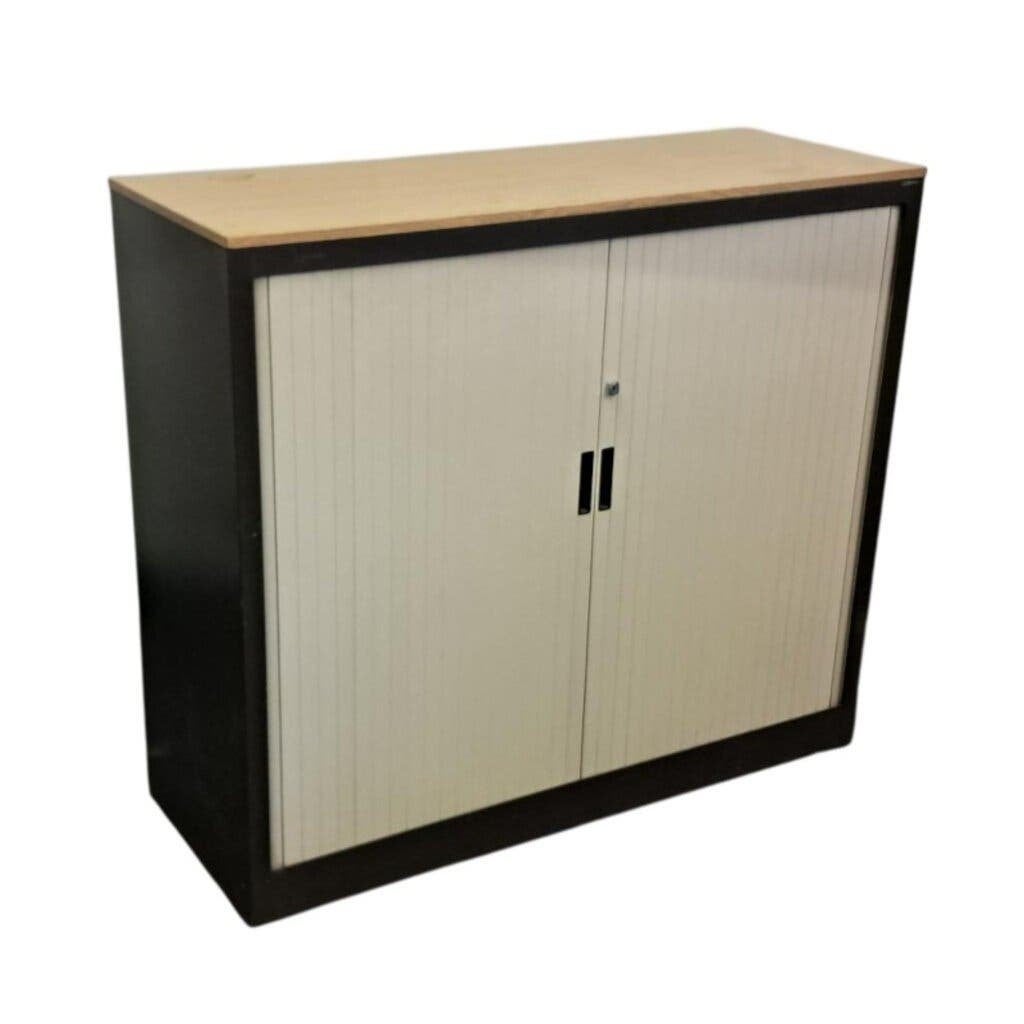 van Blerk Roldeurkast Donkerbruin Lichtgrijs H135xB120xD45, Huis en Inrichting, Gebruikt, 100 tot 150 cm, Ophalen of Verzenden