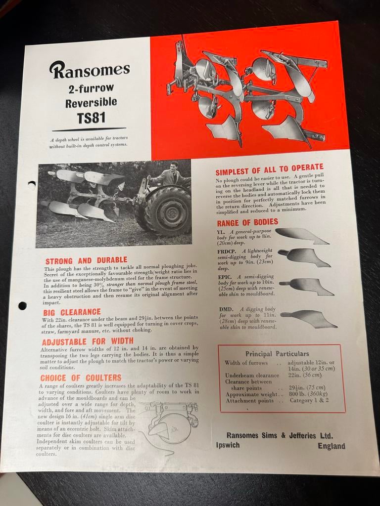 Oude folder Ransomes 2-furrow Reversible TS81 ploeg jaren 60, Ophalen of Verzenden, Zo goed als nieuw, Overige typen