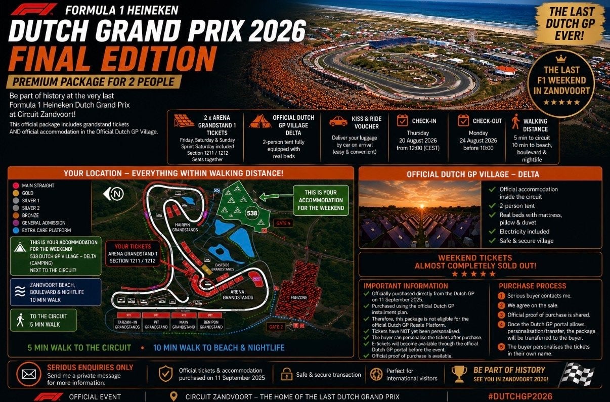 PACKAGE DEAL FORMULA 1 DUTCH GRAND PRIX 2026 FORMULE 1, Tickets en Kaartjes, Evenementen en Festivals, Twee personen