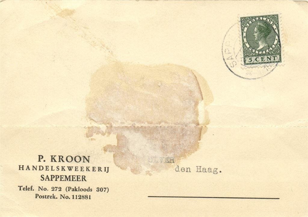 P. Kroon, Handelskweekerij, Sappemeer - 09.1936 - briefkaart, Ophalen of Verzenden, Briefkaart