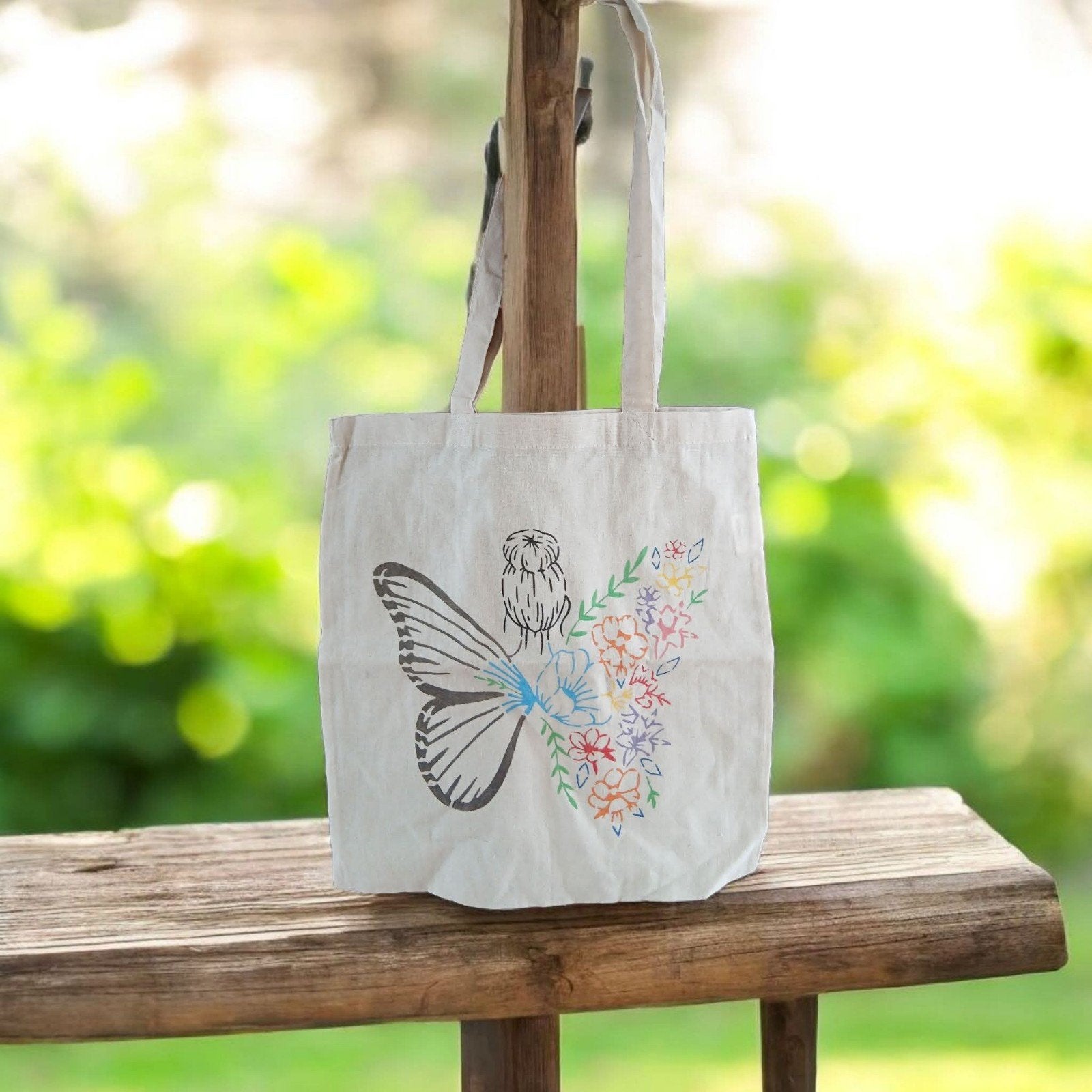 Stoffen tas met vlinder en bloemenprint, Ophalen, Nieuw, Beige, Shopper