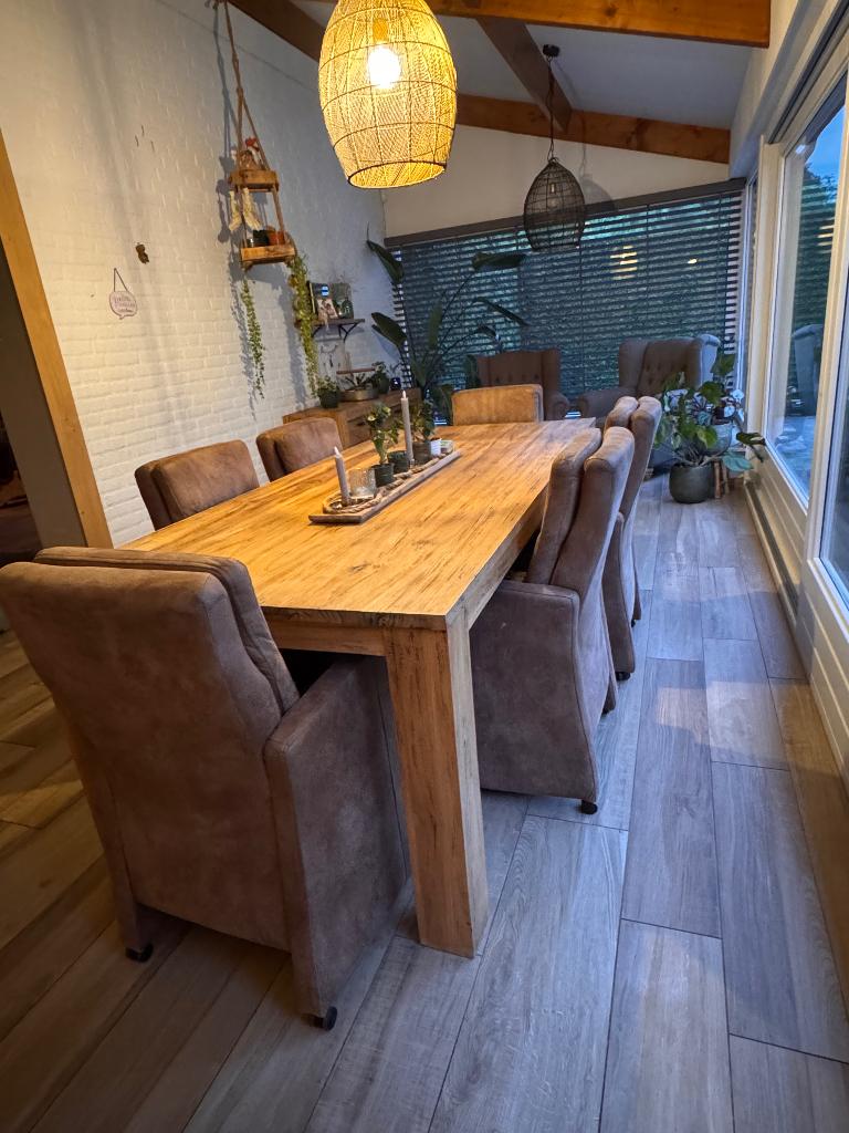 Eettafel incl stoelen op wielen en bijpassend dressoir, Ophalen, Teakhout, 200 cm of meer, 50 tot 100 cm