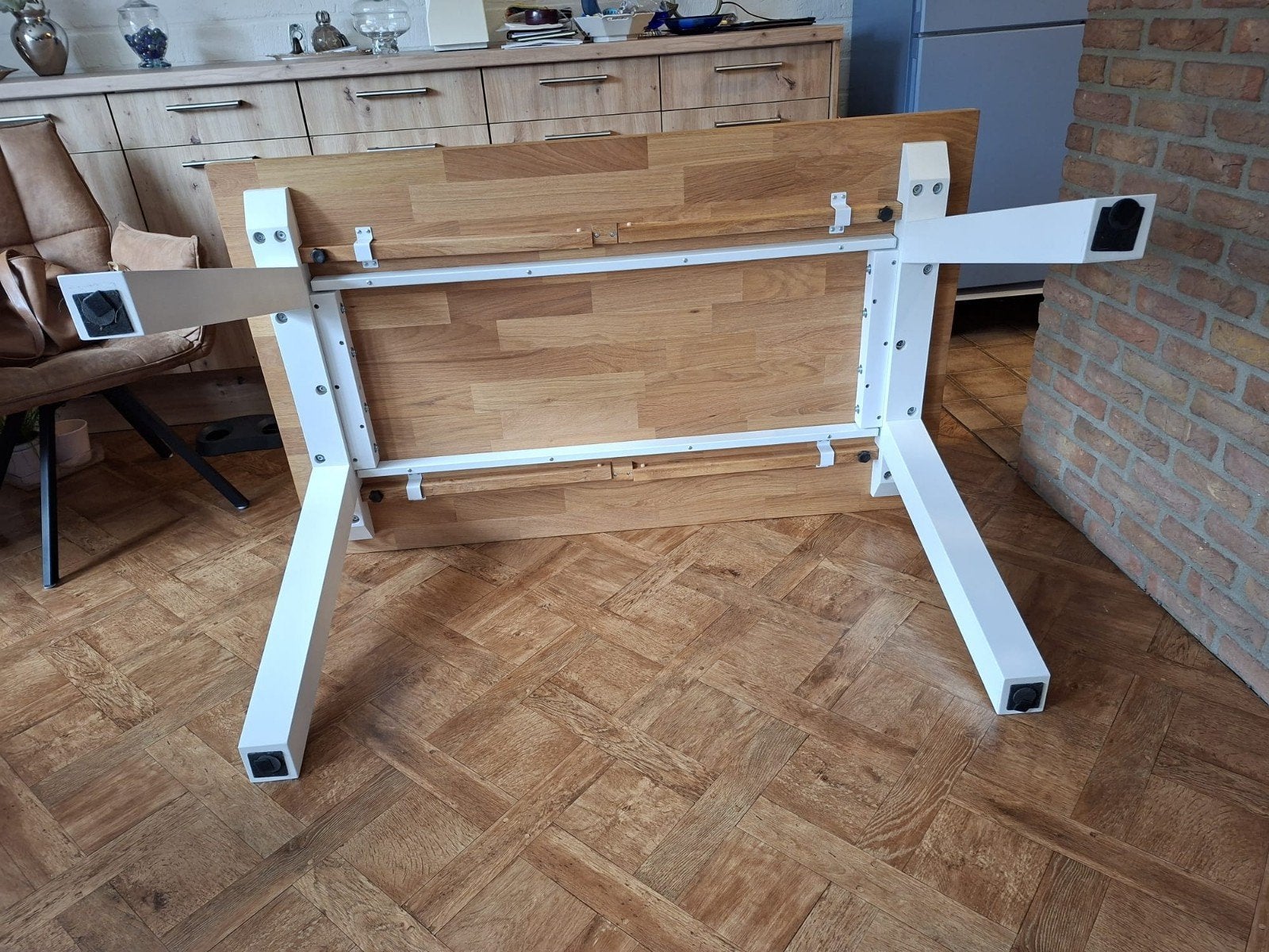 Eikenhouten eettafel met wit houten poten - 150x90 cm, Ophalen, Gebruikt, 50 tot 100 cm, 150 tot 200 cm