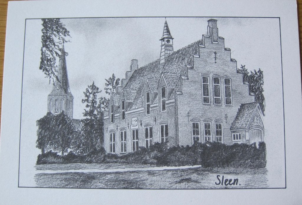 Gemeentehuis van Sleen - pentekening op nieuwe ansichtkaart, Ophalen of Verzenden, 1980 tot heden, Ongelopen, Drenthe