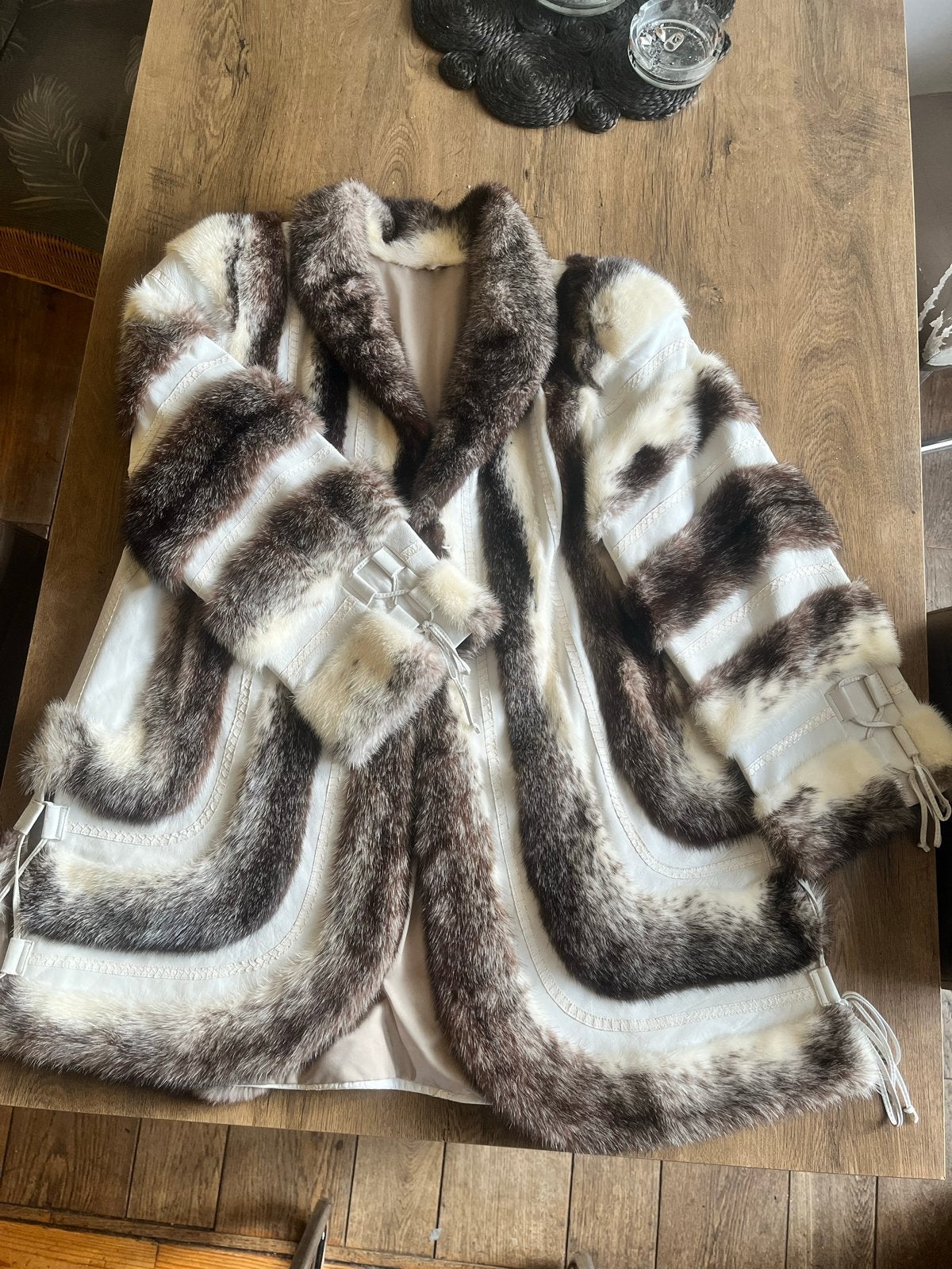 Unieke Vintage Bont & Lederen Mix Jas - Maat L-XL, Ophalen of Verzenden, Gedragen, Maat 42/44 (L), Meerkleurig