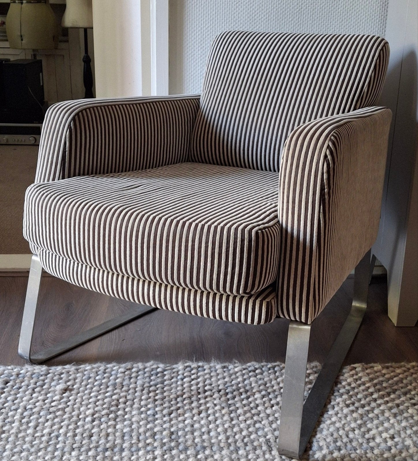 Passe Partout Fauteuil - Wit/Bruin Ribstof met RVS Onderstel, Ophalen, Gebruikt, 75 tot 100 cm, Stof