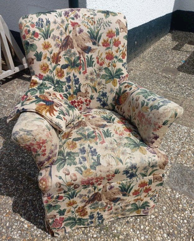 Antieke dames fauteuil met bloemen- en vogelprint, Ophalen, Gebruikt, 75 tot 100 cm, Antiek, Klassiek