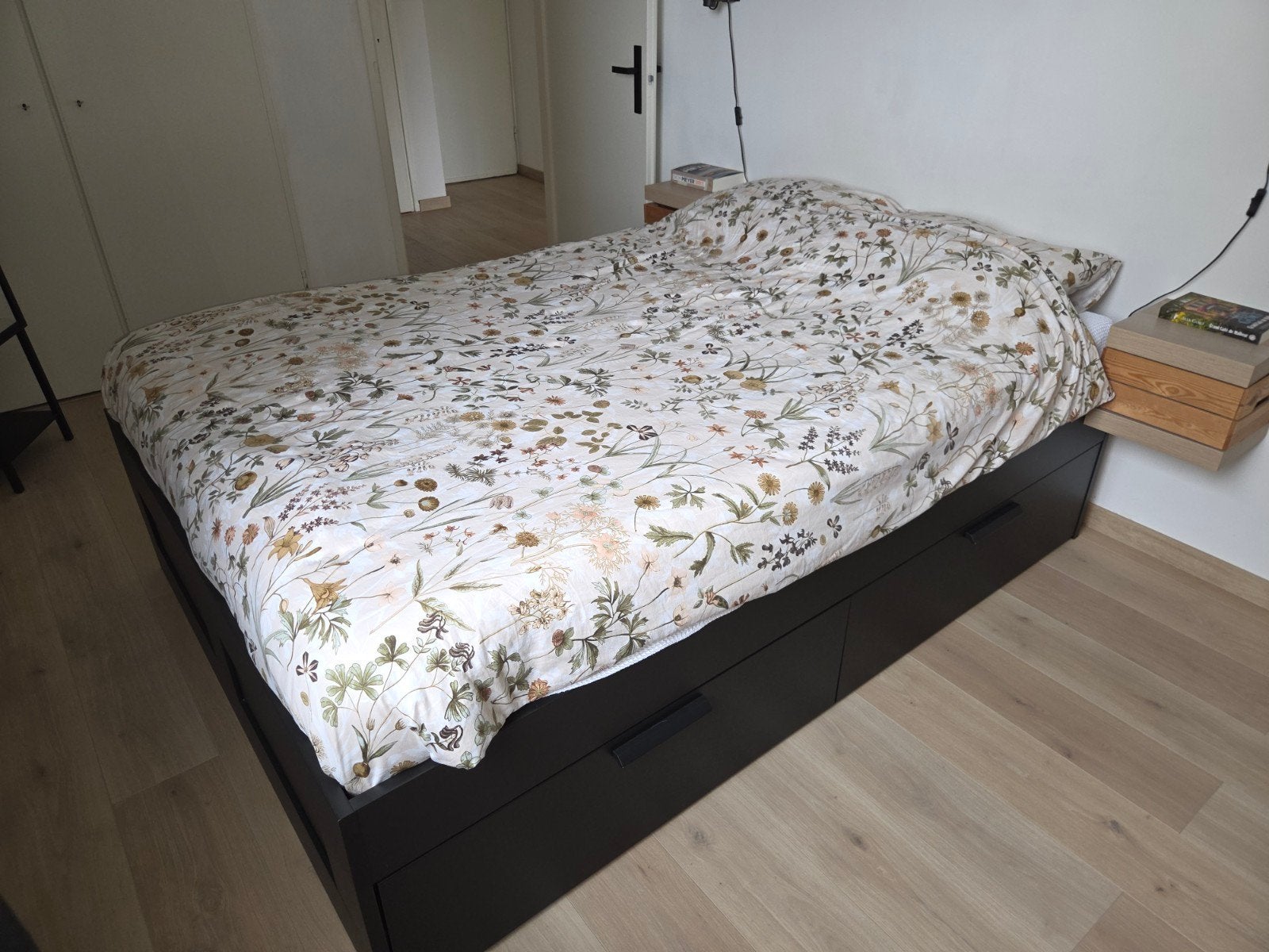 IKEA BRIMNES bed 140x200 met 4 lades en lattenbodems, zwartb, Ophalen, Gebruikt, Zwart, Tweepersoons