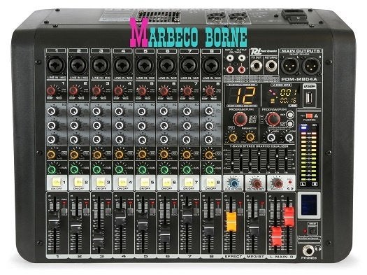 Mengpaneel, 8-Kanalen Studio Mixer met Versterker, PDM-M804A, Microfooningang, Info@marbeco.nl, 5 tot 10 kanalen, Power Dynamics