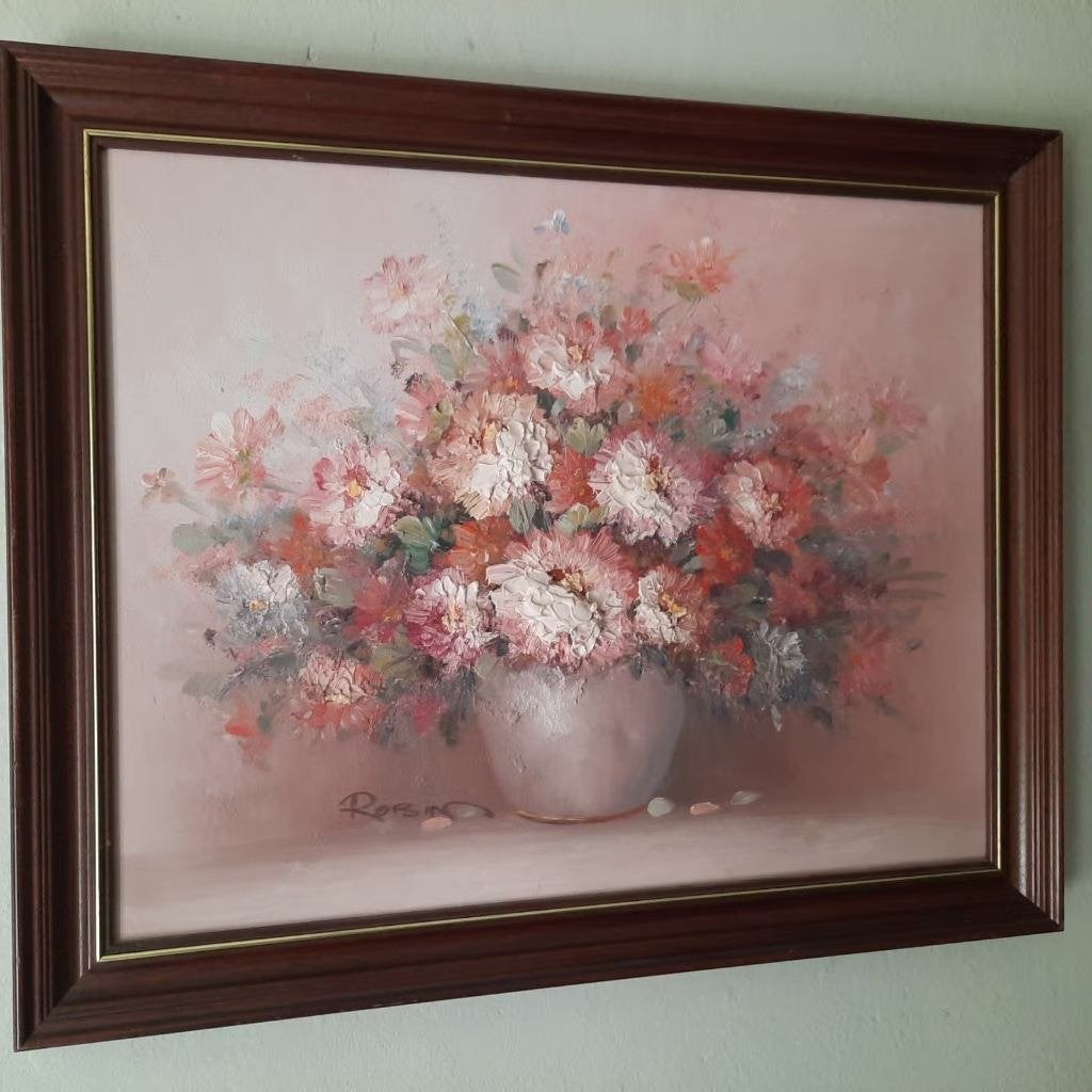 Olieverf op doek gesigneerd ROBIN boeket bloemen in reliëf, Doek, Gesigneerd, Olieverf, Klassiek