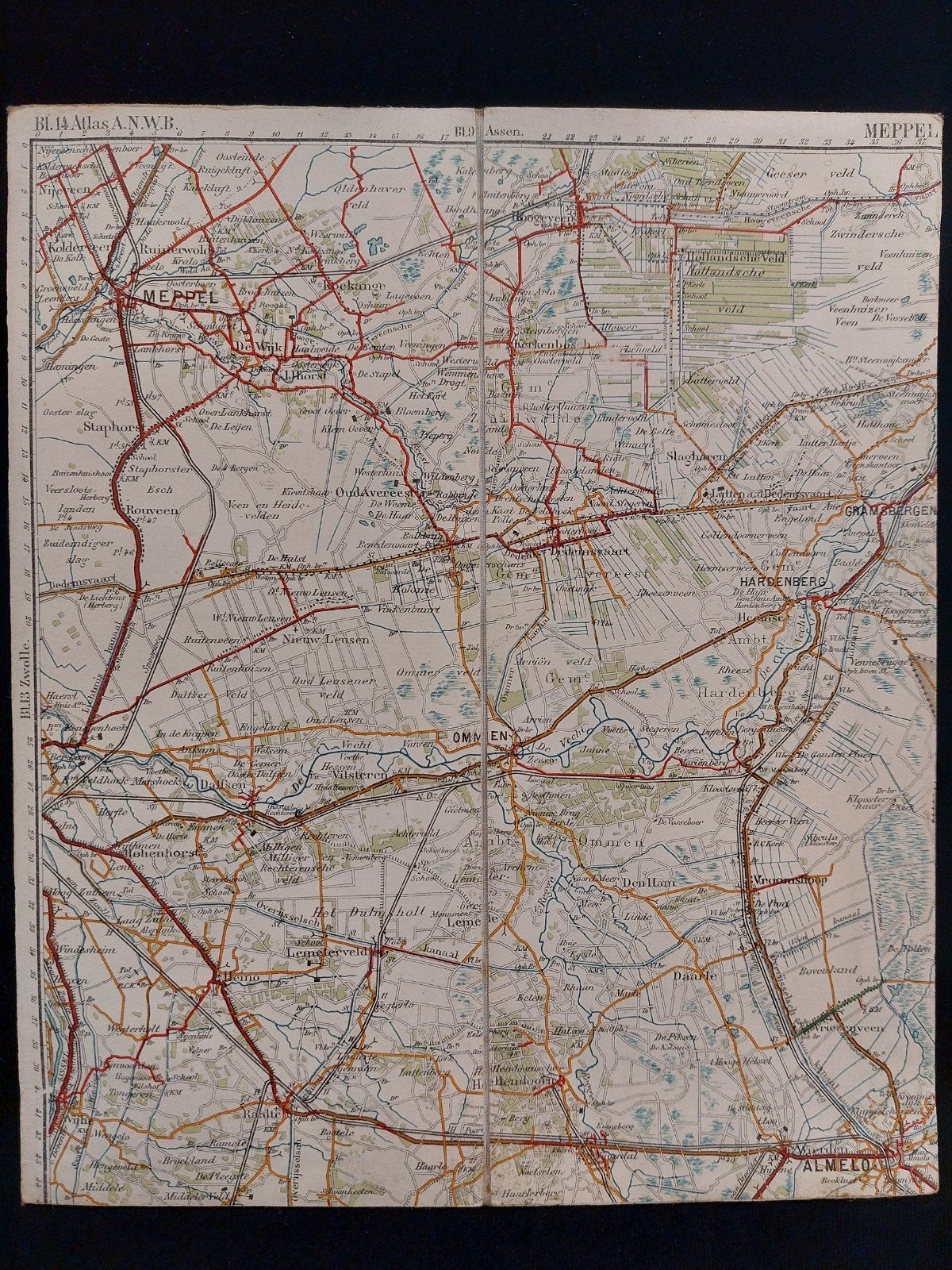 14 / Meppel en omgeving plattegrond ANWB uit 1920, Boeken, Gelezen, ANWB, Ophalen of Verzenden, Landkaart