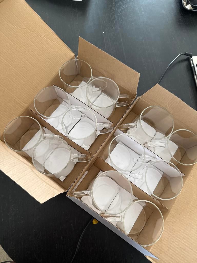 Glazen mokken theeglazen met oor, 12 stuks, Ophalen, Nieuw, Glas, Effen