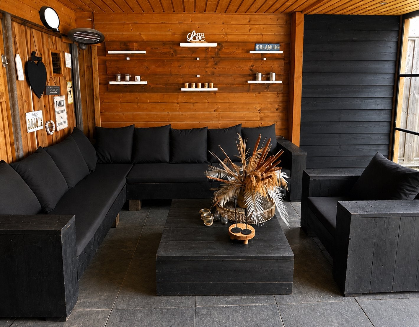 Zwarte loungeset met salontafel en fauteuil, Tuin en Terras, 5 zitplaatsen, Gebruikt, Ophalen of Verzenden, Loungeset