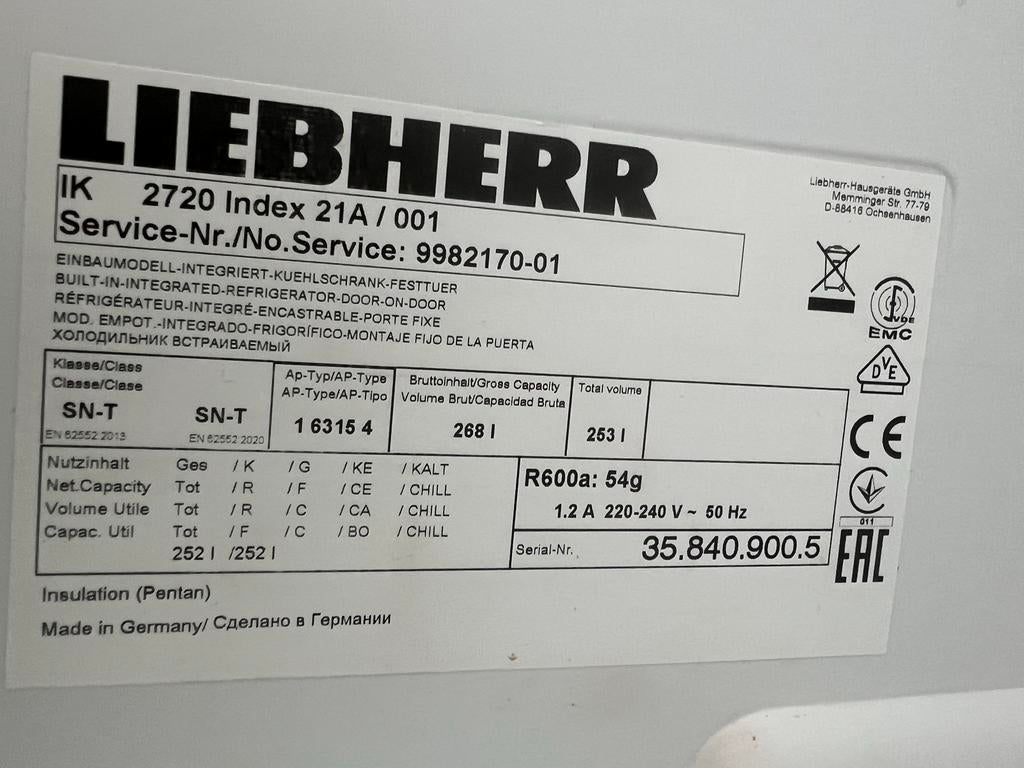 Liebherr inbouwkoelkast IK 2720 - Zo goed als nieuw, Witgoed en Apparatuur, Ophalen, Zonder vriesvak, 200 liter of meer, 160 cm of meer
