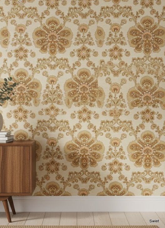 1721 Vintage bloemen behang bruin barok retro 70’s swiet, Huis en Inrichting, Ophalen of Verzenden, Bruin