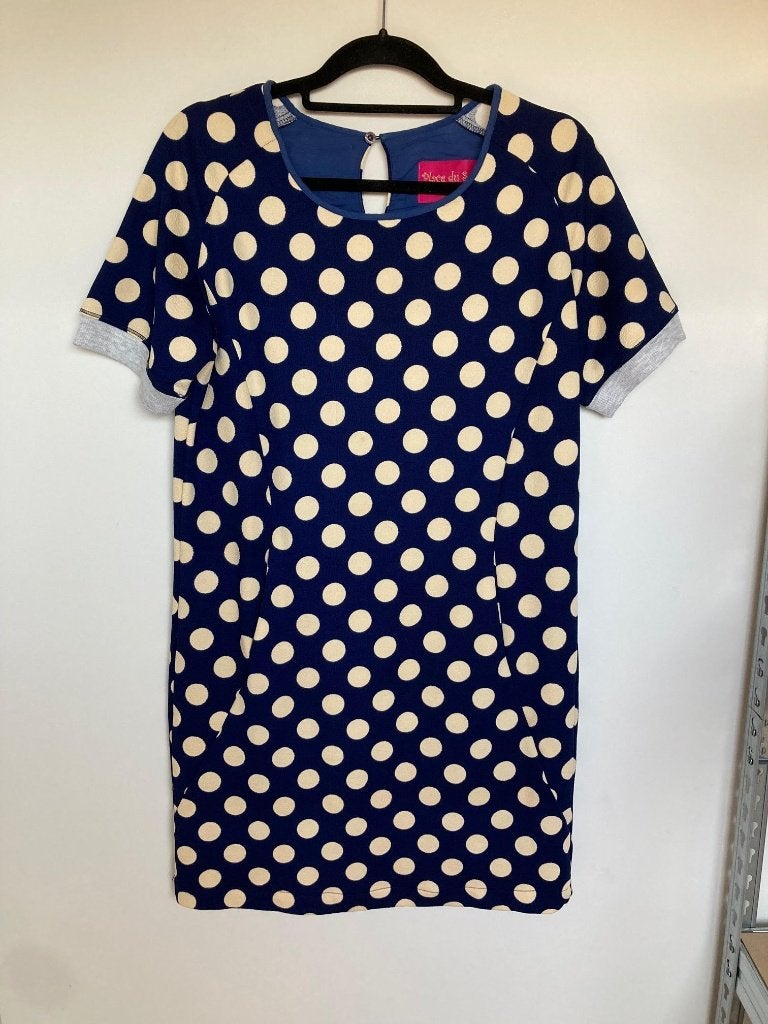 Place du Soleil blauwe jurk creme stippen maat M met zakken, Maat 38/40 (M), Info@placedusoleil.eu, Blauw, Place du Soleil