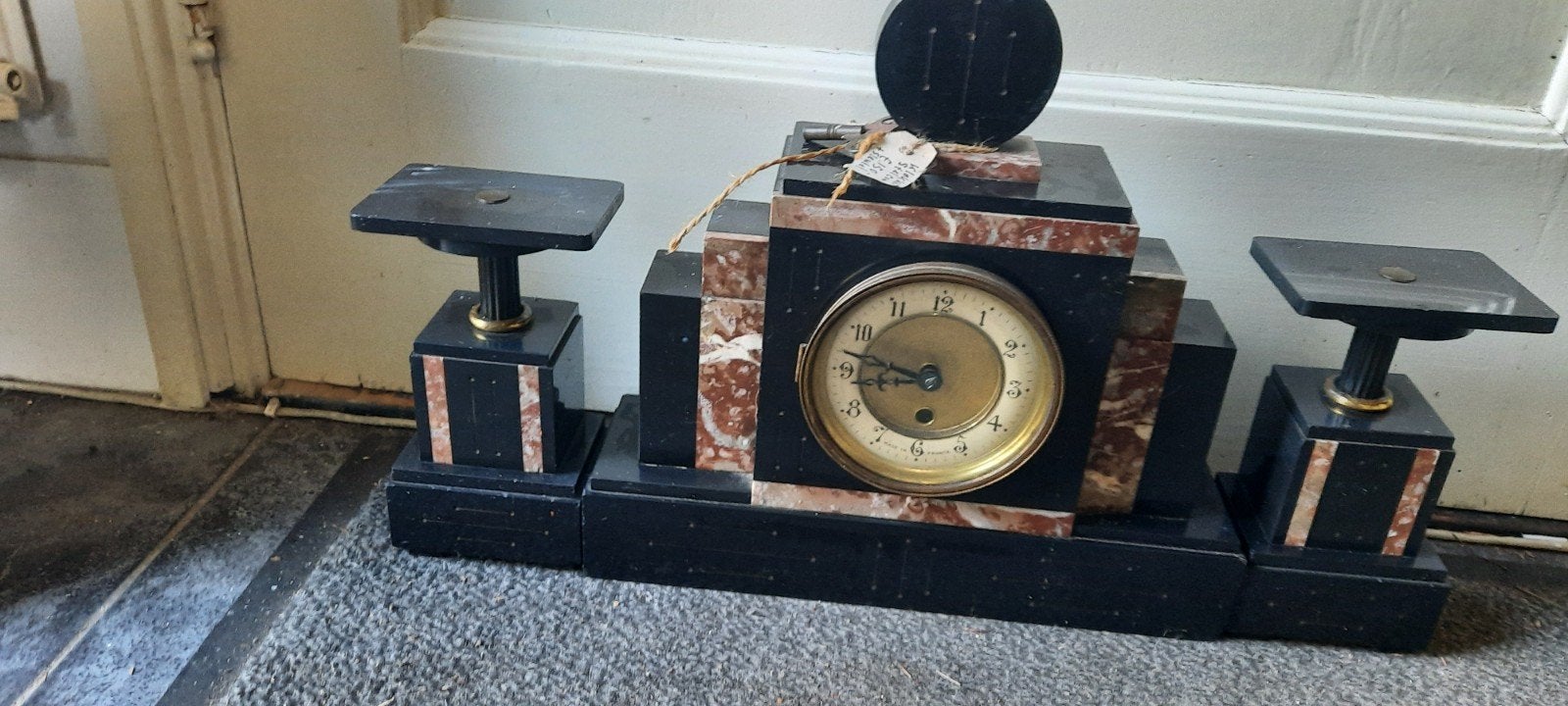 Antieke Art Deco marmeren klok met zijstukken, Ophalen of Verzenden