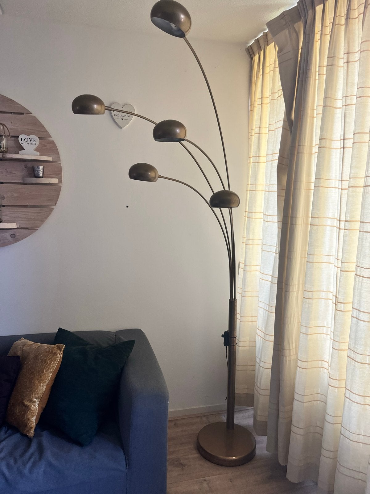 Stijlvolle bronzen booglamp met 5 lichtpunten inc lampen, Gebruikt, 200 cm of meer, E14 (klein), Ophalen of Verzenden