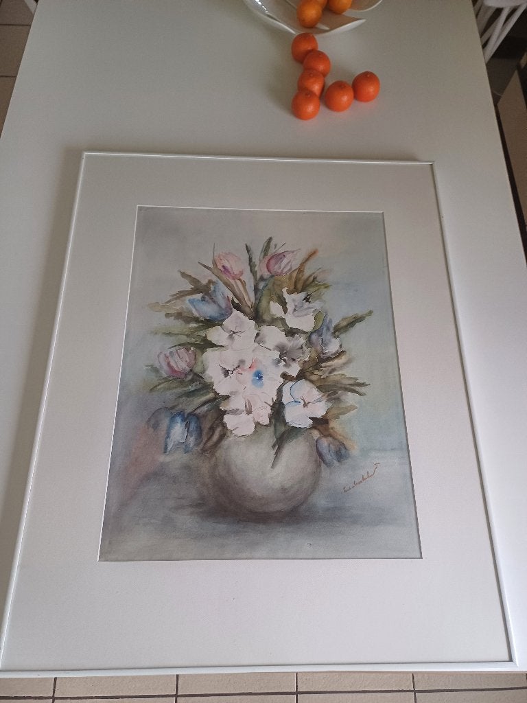Prachtige groot aquarel schilderij bloem vaas, Ophalen, Gebruikt, Schilderij
