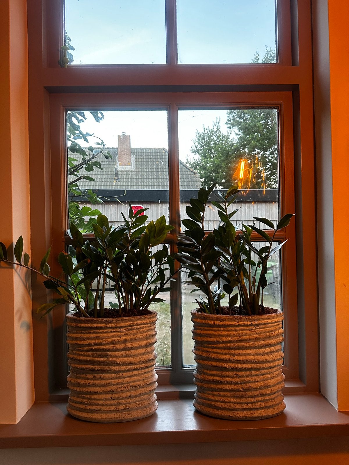 2 Betonlook/ grijze  Plantenpotten met Planten, Tuin en Terras, Bloempotten, Gebruikt, Rond, Binnen, Minder dan 40 cm