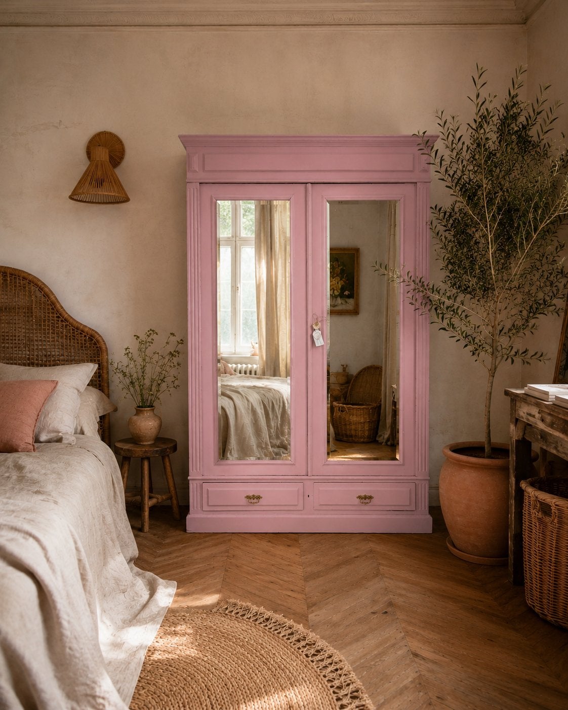 Vintage linnenkast spiegelkast meidenkast kledingkast roze, Huis en Inrichting, Kasten | Kledingkasten, Ophalen, 100 tot 150 cm
