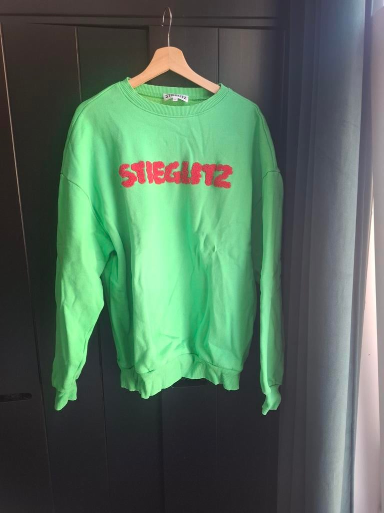 Stieglitz Groene Sweater met Roze Opdruk Maat M, Maat 38/40 (M), Stieglitz, Ophalen of Verzenden, Zo goed als nieuw