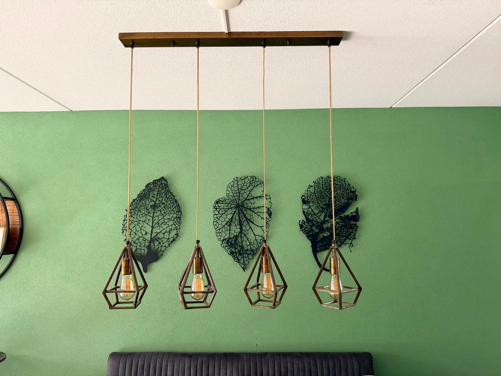 Hanglamp met 4 geometrische kappen, bronskleurig, Ophalen, Zo goed als nieuw, Metaal, E27 (groot)