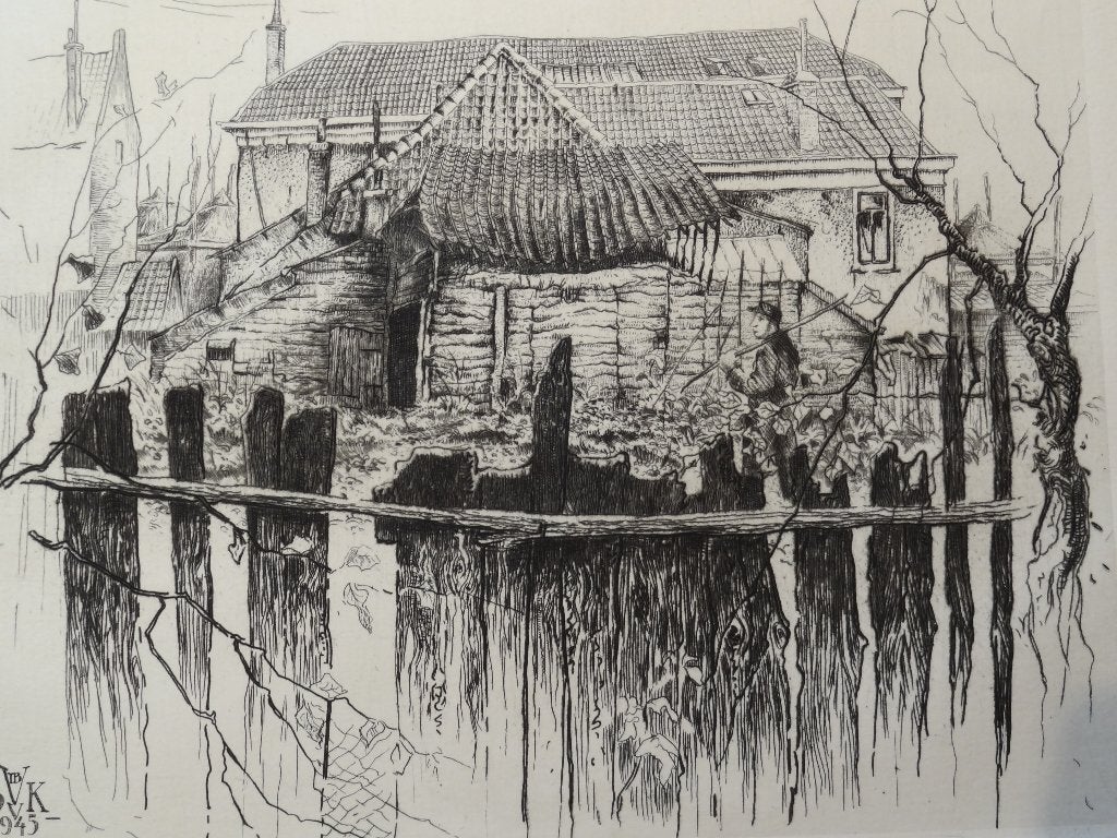 Ets boerderij in Limburg met boer, Hans van Dokkum, 1945, Antiek en Kunst, Architectuur, Met monogram, 1900 - 1949, Verzenden