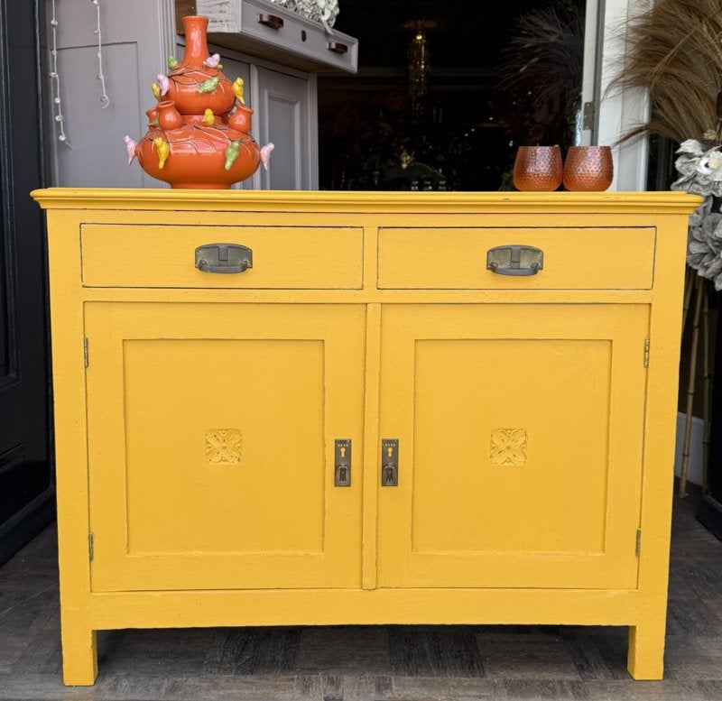 Vintage kastje, antiek dressoir, oud buffet, kast oker VdlM, Ophalen, 100 tot 150 cm, 1 of 2 laden, Eikenhout