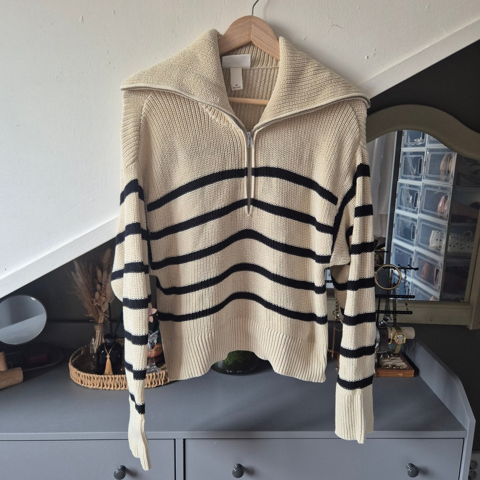 Monki gestreepte trui met rits / half zip M, Maat 38/40 (M), Beige, Ophalen of Verzenden, Zo goed als nieuw