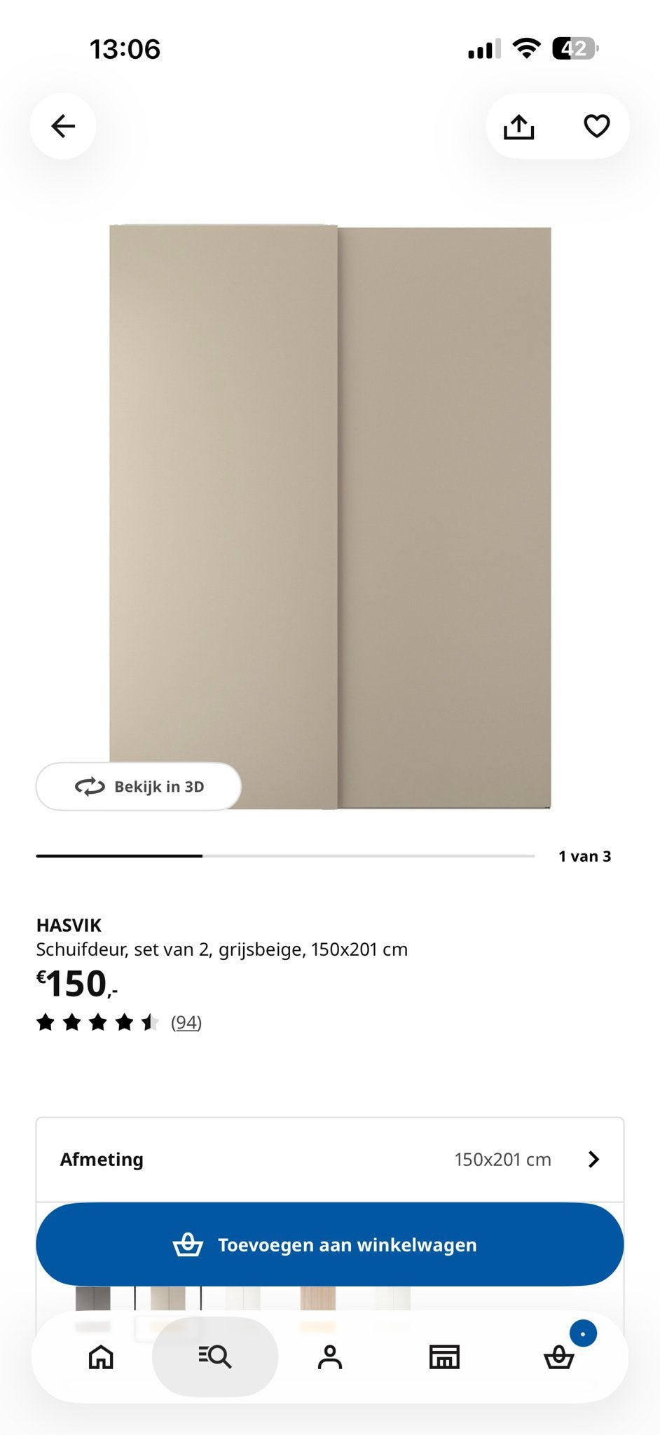 2x IKEA PAX Schuifdeur HASVIK grijsbeige 150x201 cm, Huis en Inrichting, Ophalen, Overige materialen, Gebruikt, 100 tot 150 cm