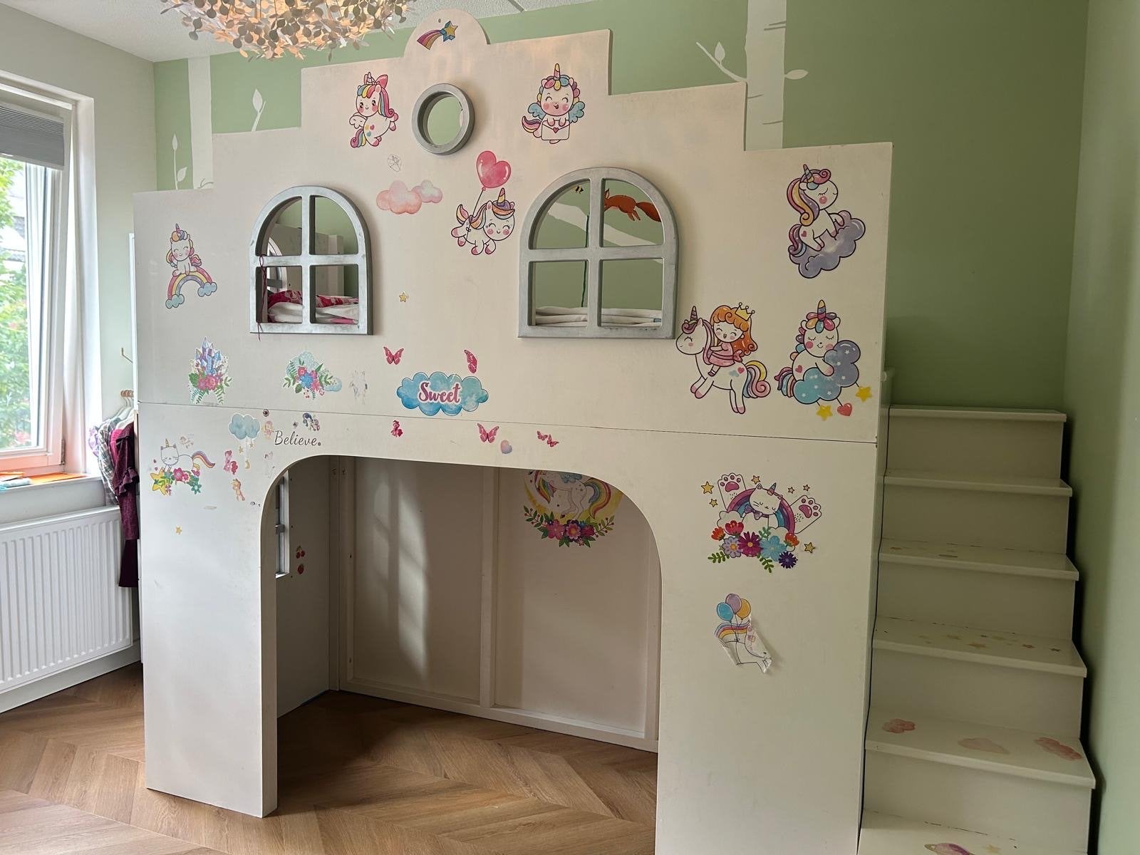 Unicorn kasteelbed / hoogslaper met trap en speelruimte, Ophalen, Gebruikt, Eenpersoons, 200 cm