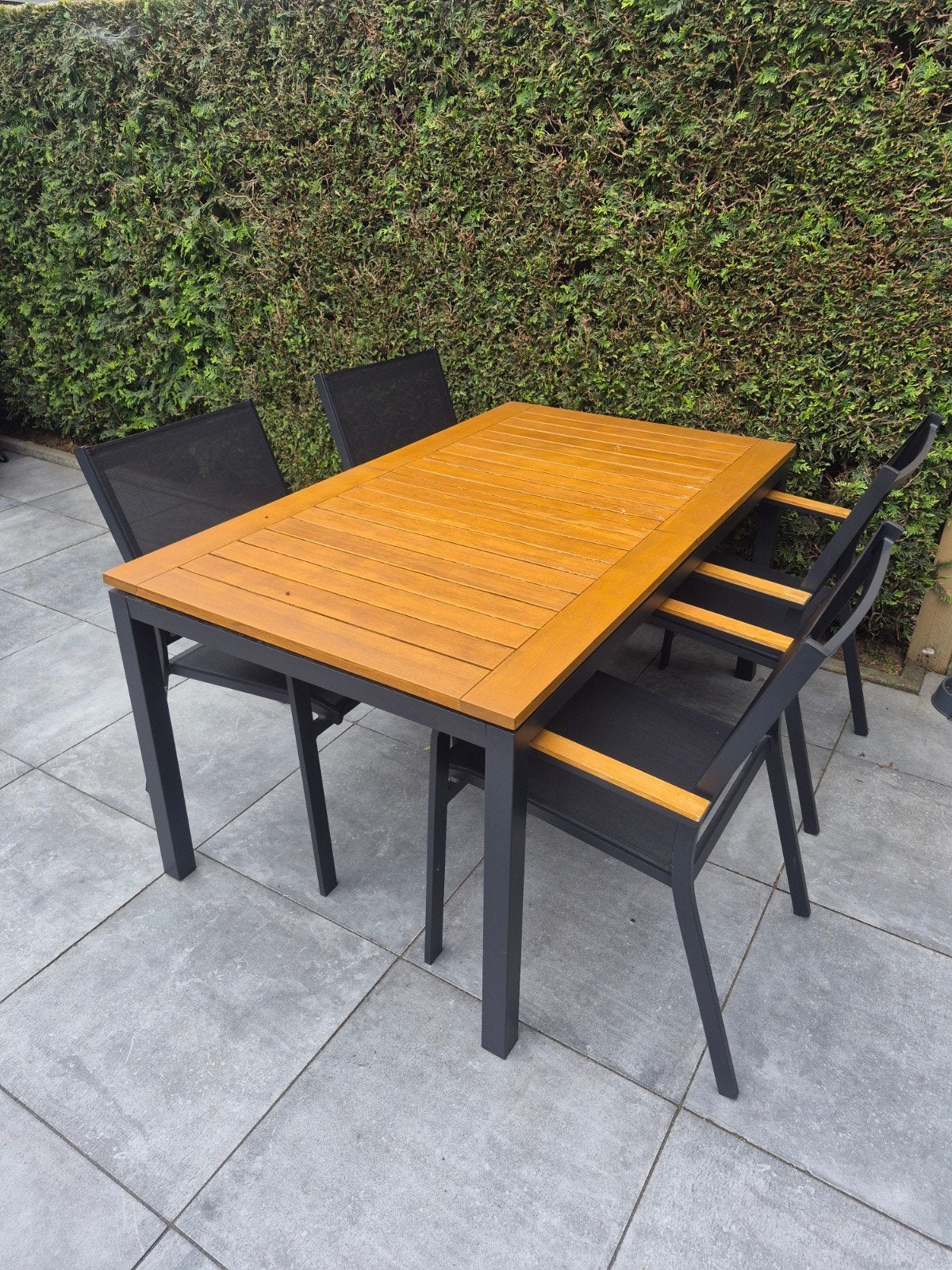 Uitschuifbare tuintafel (tuinset) met 6 stoelen en kussens, Tuin en Terras, Ophalen, Gebruikt, 6 zitplaatsen, Tuinset