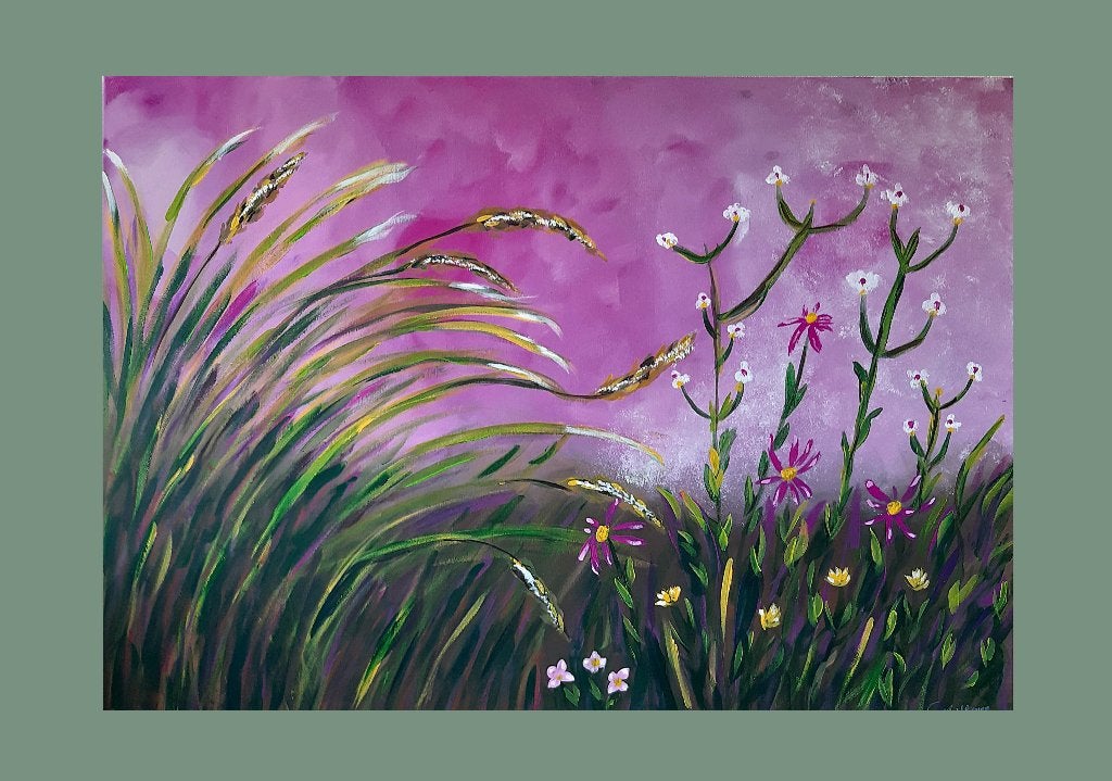 Kleurrijk schilderij van wilde bloemen en gras in de wind, Ophalen of Verzenden
