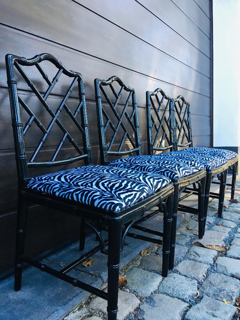 Unieke Jonathan Adler Faux Bamboo Chippendale stoelen, Huis en Inrichting, Zwart, Zo goed als nieuw, Vier, Stof